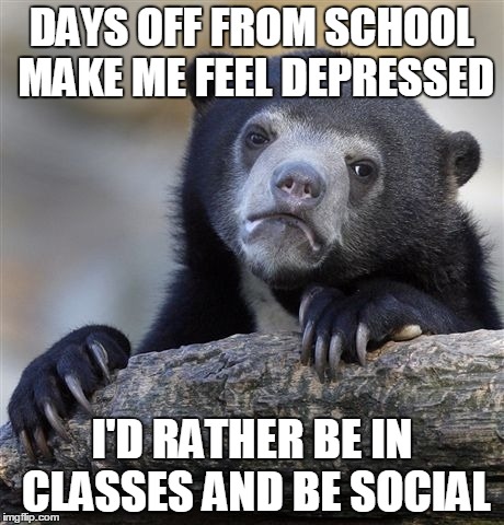 Confession Bear | DAYS OFF FROM SCHOOL MAKE ME FEEL DEPRESSED I'D RATHER BE IN CLASSES AND BE SOCIAL | image tagged in memes,confession bear,AdviceAnimals | made w/ Imgflip meme maker