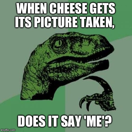 'cheese' | WHEN CHEESE GETS ITS PICTURE TAKEN, DOES IT SAY 'ME'? | image tagged in memes,philosoraptor | made w/ Imgflip meme maker