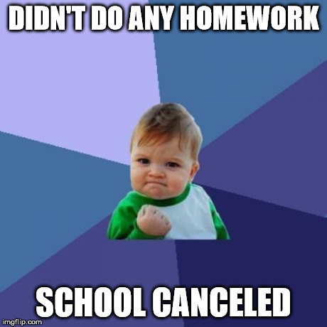 school canceled and didn't do homework | DIDN'T DO ANY HOMEWORK SCHOOL CANCELED | image tagged in memes,success kid | made w/ Imgflip meme maker