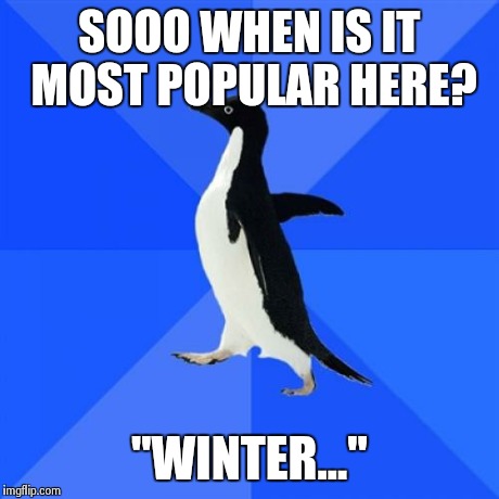 Socially Awkward Penguin | SOOO WHEN IS IT MOST POPULAR HERE? "WINTER..." | image tagged in memes,socially awkward penguin,AdviceAnimals | made w/ Imgflip meme maker