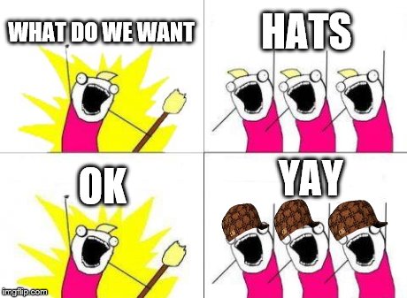 hats | WHAT DO WE WANT HATS OK YAY | image tagged in memes,what do we want,hats | made w/ Imgflip meme maker