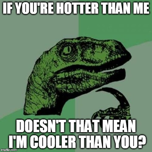 Philosoraptor Meme | IF YOU'RE HOTTER THAN ME DOESN'T THAT MEAN I'M COOLER THAN YOU? | image tagged in memes,philosoraptor | made w/ Imgflip meme maker