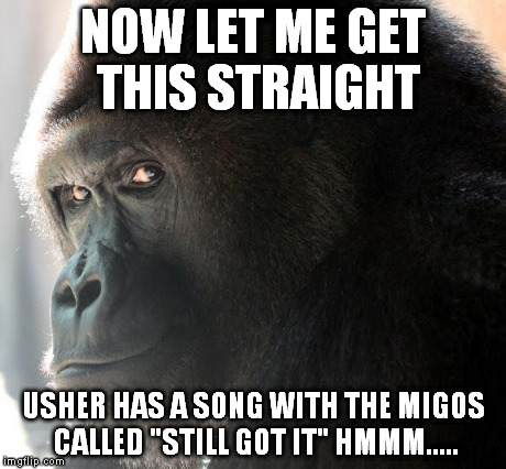 Usher with the Migos | NOW LET ME GET THIS STRAIGHT USHER HAS A SONG WITH THE MIGOS CALLED "STILL GOT IT" HMMM..... | image tagged in animals,gorilla,now let me get this straight,usher,migos | made w/ Imgflip meme maker
