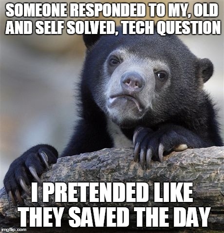 Confession Bear | SOMEONE RESPONDED TO MY, OLD AND SELF SOLVED, TECH QUESTION I PRETENDED LIKE THEY SAVED THE DAY | image tagged in memes,confession bear,AdviceAnimals | made w/ Imgflip meme maker