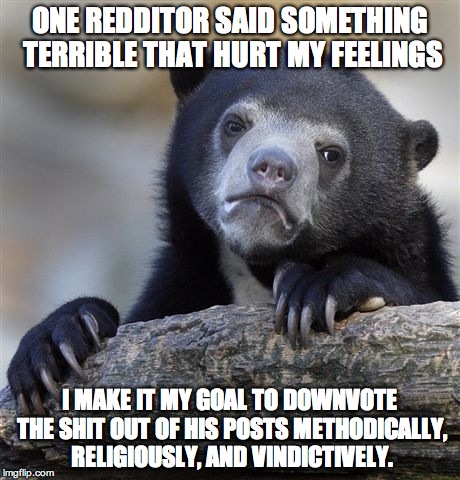 Confession Bear Meme | ONE REDDITOR SAID SOMETHING TERRIBLE THAT HURT MY FEELINGS I MAKE IT MY GOAL TO DOWNVOTE THE SHIT OUT OF HIS POSTS METHODICALLY, RELIGIOUSLY | image tagged in memes,confession bear,AdviceAnimals | made w/ Imgflip meme maker