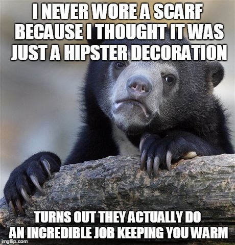 Confession Bear | I NEVER WORE A SCARF BECAUSE I THOUGHT IT WAS JUST A HIPSTER DECORATION TURNS OUT THEY ACTUALLY DO AN INCREDIBLE JOB KEEPING YOU WARM | image tagged in memes,confession bear | made w/ Imgflip meme maker