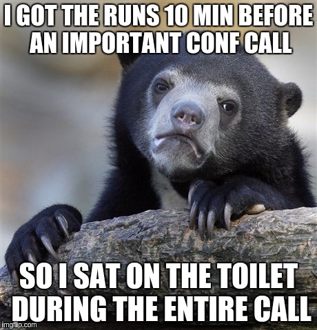 Confession Bear | I GOT THE RUNS 10 MIN BEFORE AN IMPORTANT CONF CALL SO I SAT ON THE TOILET DURING THE ENTIRE CALL | image tagged in memes,confession bear | made w/ Imgflip meme maker
