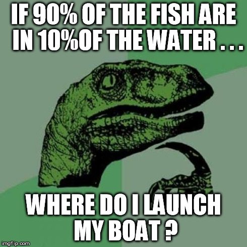 Philosoraptor | IF 90% OF THE FISH ARE 
IN 10%OF THE WATER . . . WHERE DO I LAUNCH MY BOAT ? | image tagged in memes,philosoraptor | made w/ Imgflip meme maker