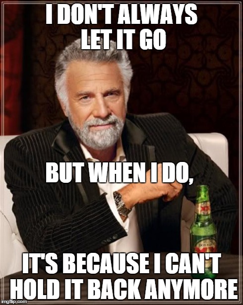 Let it go | I DON'T ALWAYS LET IT GO IT'S BECAUSE I CAN'T HOLD IT BACK ANYMORE BUT WHEN I DO, | image tagged in memes,the most interesting man in the world | made w/ Imgflip meme maker