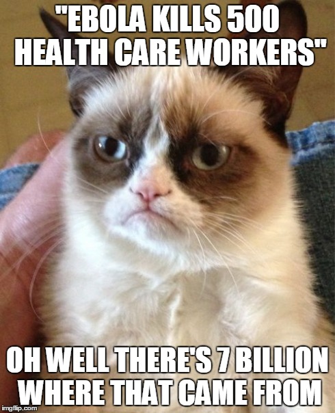 Grumpy Cat Meme | "EBOLA KILLS 500 HEALTH CARE WORKERS" OH WELL THERE'S 7 BILLION WHERE THAT CAME FROM | image tagged in memes,grumpy cat | made w/ Imgflip meme maker