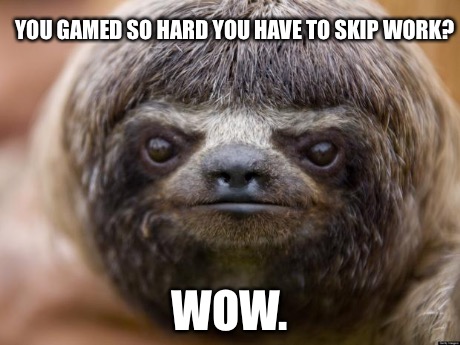 Gamer Brag fails to impress | YOU GAMED SO HARD YOU HAVE TO SKIP WORK? WOW. | image tagged in unimpressed sloth,gamer,gaming,brag,douche | made w/ Imgflip meme maker