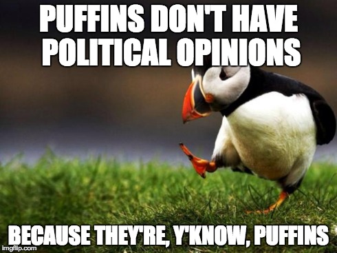 Unpopular Opinion Puffin Meme | PUFFINS DON'T HAVE POLITICAL OPINIONS BECAUSE THEY'RE, Y'KNOW, PUFFINS | image tagged in memes,unpopular opinion puffin | made w/ Imgflip meme maker