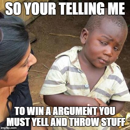 Third World Skeptical Kid | SO YOUR TELLING ME TO WIN A ARGUMENT YOU MUST YELL AND THROW STUFF | image tagged in memes,third world skeptical kid | made w/ Imgflip meme maker