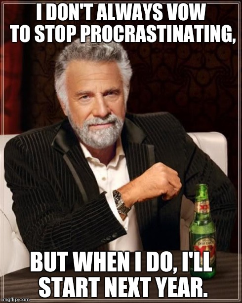 The Most Interesting Man In The World | I DON'T ALWAYS VOW TO STOP PROCRASTINATING, BUT WHEN I DO, I'LL START NEXT YEAR. | image tagged in memes,the most interesting man in the world | made w/ Imgflip meme maker