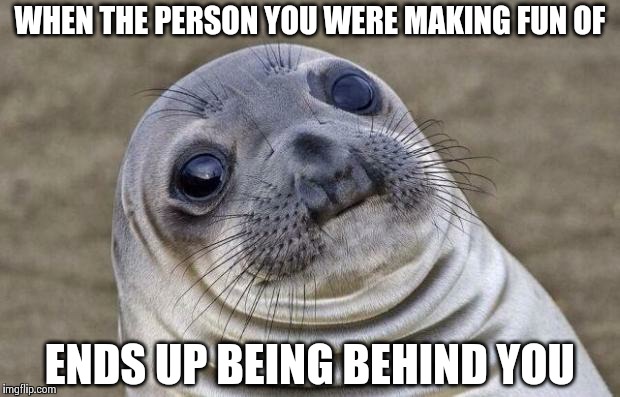 Awkward Moment Sealion Meme | WHEN THE PERSON YOU WERE MAKING FUN OF ENDS UP BEING BEHIND YOU | image tagged in memes,awkward moment sealion | made w/ Imgflip meme maker