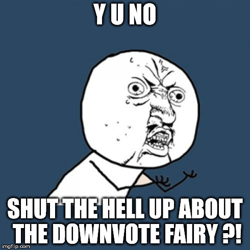 Just give it up guys | Y U NO SHUT THE HELL UP ABOUT THE DOWNVOTE FAIRY ?! | image tagged in memes,y u no,downvote fairy,downvote | made w/ Imgflip meme maker