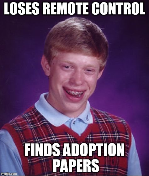 Bad Luck Brian Meme | LOSES REMOTE CONTROL FINDS ADOPTION PAPERS | image tagged in memes,bad luck brian | made w/ Imgflip meme maker
