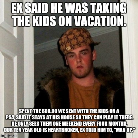 Scumbag Steve | EX SAID HE WAS TAKING THE KIDS ON VACATION. SPENT THE 600.00 WE SENT WITH THE KIDS ON A PS4, SAID IT STAYS AT HIS HOUSE SO THEY CAN PLAY IT  | image tagged in memes,scumbag steve,AdviceAnimals | made w/ Imgflip meme maker