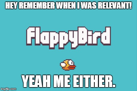 Remember me ? | HEY REMEMBER WHEN I WAS RELEVANT! YEAH ME EITHER. | image tagged in flappy bird,relevant,game,app | made w/ Imgflip meme maker