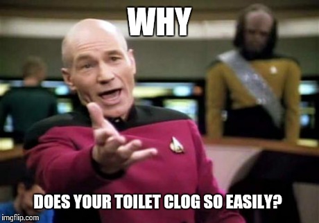 Picard Wtf Meme | WHY DOES YOUR TOILET CLOG SO EASILY? | image tagged in memes,picard wtf | made w/ Imgflip meme maker