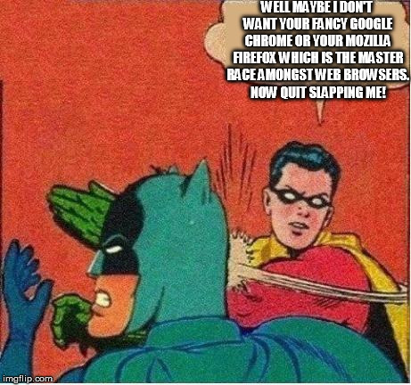 robin strikes back | WELL MAYBE I DON'T WANT YOUR FANCY GOOGLE CHROME OR YOUR MOZILLA FIREFOX WHICH IS THE MASTER RACE AMONGST WEB BROWSERS. NOW QUIT SLAPPING ME | image tagged in robin strikes back | made w/ Imgflip meme maker
