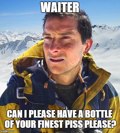 Bear Grylls | WAITER CAN I PLEASE HAVE A BOTTLE OF YOUR FINEST PISS PLEASE? | image tagged in memes,bear grylls | made w/ Imgflip meme maker