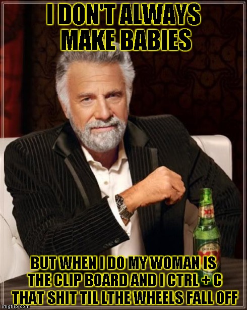 The Most Interesting Man In The World | I DON'T ALWAYS MAKE BABIES BUT WHEN I DO MY WOMAN IS THE CLIP BOARD AND I CTRL + C THAT SHIT TIL LTHE WHEELS FALL OFF | image tagged in memes,the most interesting man in the world | made w/ Imgflip meme maker