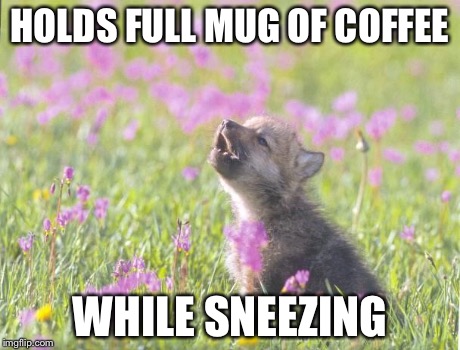 Baby Insanity Wolf Meme | HOLDS FULL MUG OF COFFEE WHILE SNEEZING | image tagged in memes,baby insanity wolf,AdviceAnimals | made w/ Imgflip meme maker