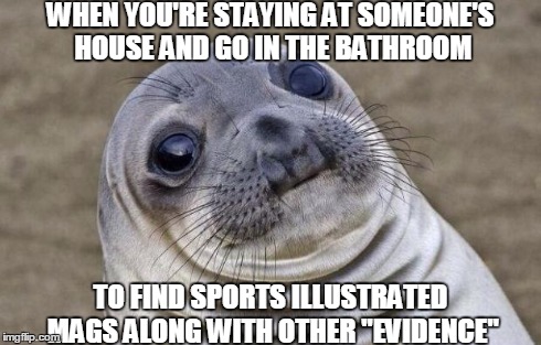 At least bother to clean up | WHEN YOU'RE STAYING AT SOMEONE'S HOUSE AND GO IN THE BATHROOM TO FIND SPORTS ILLUSTRATED MAGS ALONG WITH OTHER "EVIDENCE" | image tagged in memes,awkward moment sealion,masturbate,bathroom | made w/ Imgflip meme maker