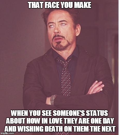 Face You Make Robert Downey Jr | THAT FACE YOU MAKE WHEN YOU SEE SOMEONE'S STATUS ABOUT HOW IN LOVE THEY ARE ONE DAY AND WISHING DEATH ON THEM THE NEXT | image tagged in memes,face you make robert downey jr | made w/ Imgflip meme maker