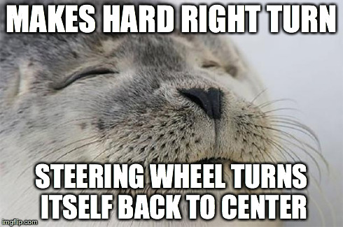 Satisfied Seal Meme | MAKES HARD RIGHT TURN STEERING WHEEL TURNS ITSELF BACK TO CENTER | image tagged in memes,satisfied seal | made w/ Imgflip meme maker