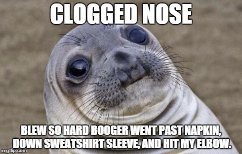 Awkward Moment Sealion | CLOGGED NOSE BLEW SO HARD BOOGER WENT PAST NAPKIN, DOWN SWEATSHIRT SLEEVE, AND HIT MY ELBOW. | image tagged in memes,awkward moment sealion,AdviceAnimals | made w/ Imgflip meme maker