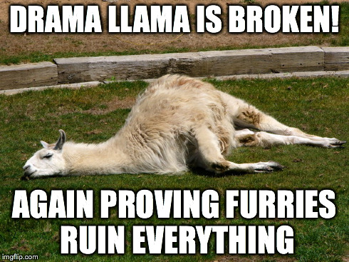 Drama llama | DRAMA LLAMA ISBROKEN! AGAIN PROVING FURRIES RUIN EVERYTHING | image tagged in drama,llama,furry,furries | made w/ Imgflip meme maker