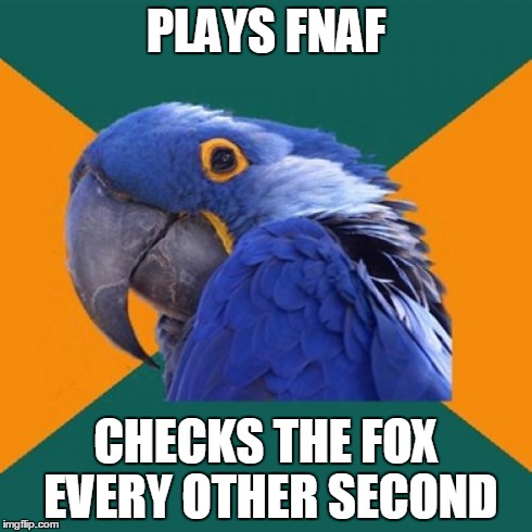 Paranoid Parrot | PLAYS FNAF CHECKS THE FOX EVERY OTHER SECOND | image tagged in memes,paranoid parrot,five nights at freddys,five nights at freddy's,foxy | made w/ Imgflip meme maker