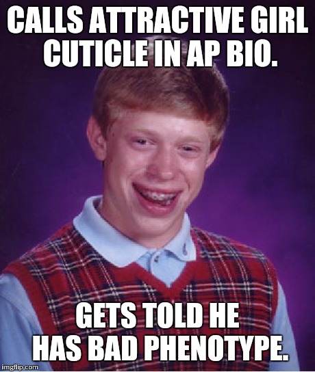 Bad Luck Brian Meme | CALLS ATTRACTIVE GIRL CUTICLE IN AP BIO. GETS TOLD HE HAS BAD PHENOTYPE. | image tagged in memes,bad luck brian | made w/ Imgflip meme maker