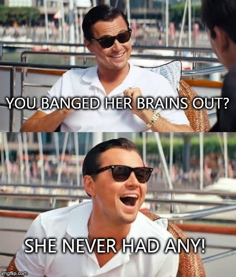 Leonardo Dicaprio Wolf Of Wall Street Meme | YOU BANGED HER BRAINS OUT? SHE NEVER HAD ANY! | image tagged in memes,leonardo dicaprio wolf of wall street | made w/ Imgflip meme maker