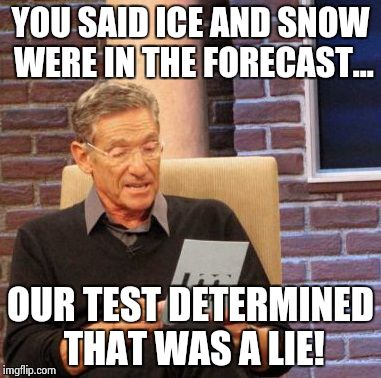 Maury Lie Detector | YOU SAID ICE AND SNOW WERE IN THE FORECAST... OUR TEST DETERMINED THAT WAS A LIE! | image tagged in memes,maury lie detector | made w/ Imgflip meme maker