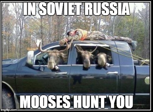 mooses hunt you in russia | IN SOVIET RUSSIA MOOSES HUNT YOU | image tagged in in soviet russia mooses | made w/ Imgflip meme maker