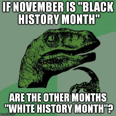 By having a month about Black History, is that actually more racist than not having it? What do you think? | IF NOVEMBER IS "BLACK HISTORY MONTH" ARE THE OTHER MONTHS "WHITE HISTORY MONTH"? | image tagged in memes,philosoraptor | made w/ Imgflip meme maker
