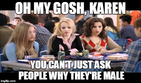 OH MY GOSH, KAREN YOU CAN'T JUST ASK PEOPLE WHY THEY'RE MALE | made w/ Imgflip meme maker