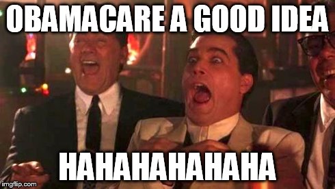 GOODFELLAS LAUGHING SCENE, HENRY HILL | OBAMACARE A GOOD IDEA HAHAHAHAHAHA | image tagged in goodfellas laughing scene henry hill | made w/ Imgflip meme maker