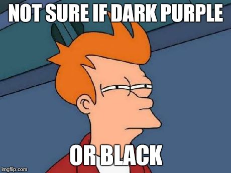 THEY LOOK LIKE THE SAME COLOUR!
 | NOT SURE IF DARK PURPLE OR BLACK | image tagged in memes,futurama fry | made w/ Imgflip meme maker