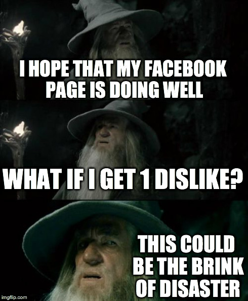 Confused Gandalf | I HOPE THAT MY FACEBOOK PAGE IS DOING WELL WHAT IF I GET 1 DISLIKE? THIS COULD BE THE BRINK OF DISASTER | image tagged in memes,confused gandalf | made w/ Imgflip meme maker