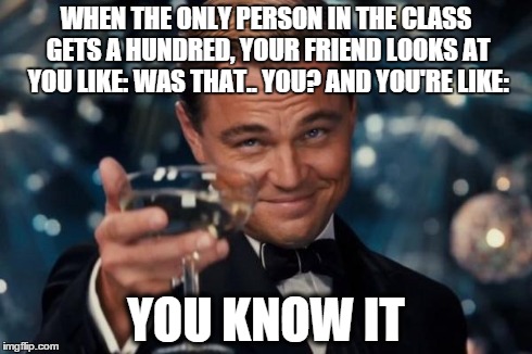 Leonardo Dicaprio Cheers Meme | WHEN THE ONLY PERSON IN THE CLASS GETS A HUNDRED, YOUR FRIEND LOOKS AT YOU LIKE: WAS THAT.. YOU? AND YOU'RE LIKE: YOU KNOW IT | image tagged in memes,leonardo dicaprio cheers | made w/ Imgflip meme maker