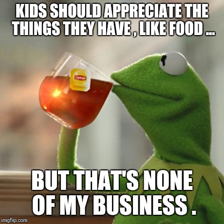 But That's None Of My Business Meme | KIDS SHOULD APPRECIATE THE THINGS THEY HAVE , LIKE FOOD ... BUT THAT'S NONE OF MY BUSINESS . | image tagged in memes,but thats none of my business,kermit the frog | made w/ Imgflip meme maker