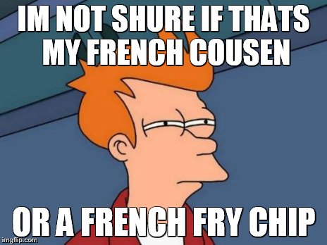 Futurama Fry Meme | IM NOT SHURE IF THATS MY FRENCH COUSEN OR A FRENCH FRY CHIP | image tagged in memes,futurama fry | made w/ Imgflip meme maker