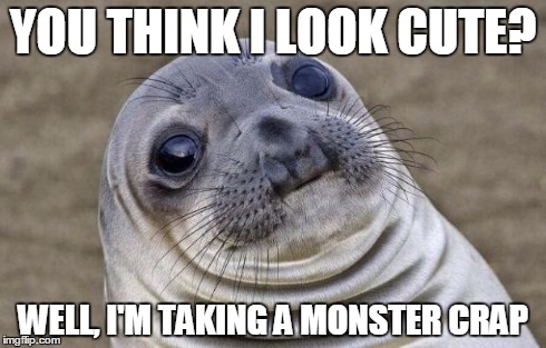 Awkward Moment Sealion | YOU THINK I LOOK CUTE? WELL, I'M TAKING A MONSTER CRAP | image tagged in memes,awkward moment sealion | made w/ Imgflip meme maker