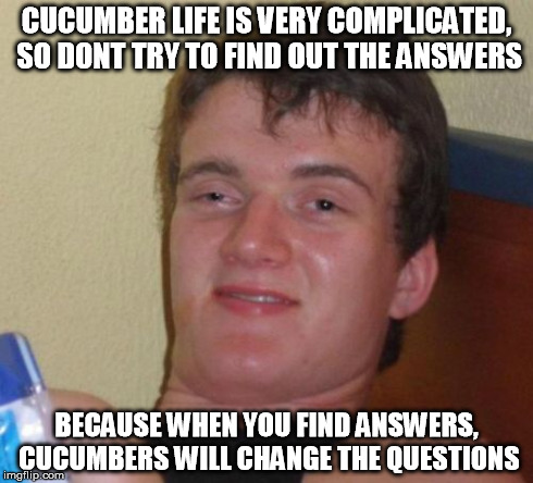 CUCUMBER LIFE IS VERY COMPLICATED, SO DONT TRY TO FIND OUT THE ANSWERS BECAUSE WHEN YOU FIND ANSWERS, CUCUMBERS WILL CHANGE THE QUESTIONS | image tagged in memes,10 guy | made w/ Imgflip meme maker