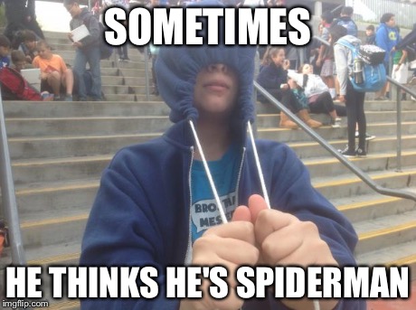 SOMETIMES HE THINKS HE'S SPIDERMAN | image tagged in sometimes he thinks he's spiderman lmao | made w/ Imgflip meme maker