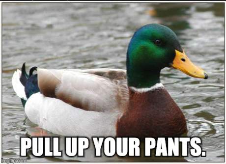 Actual Advice Mallard | PULL UP YOUR PANTS. | image tagged in memes,actual advice mallard | made w/ Imgflip meme maker